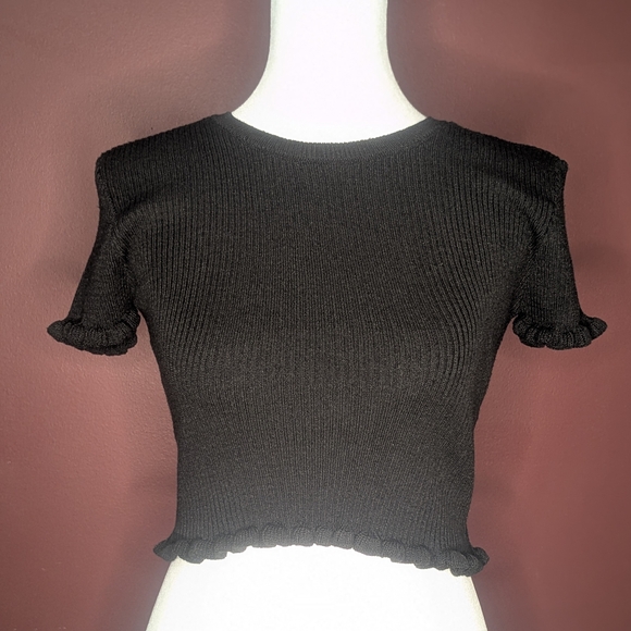 Zara Black Ruffle Hem Ribbed Crop Top - Picture 7 of 7